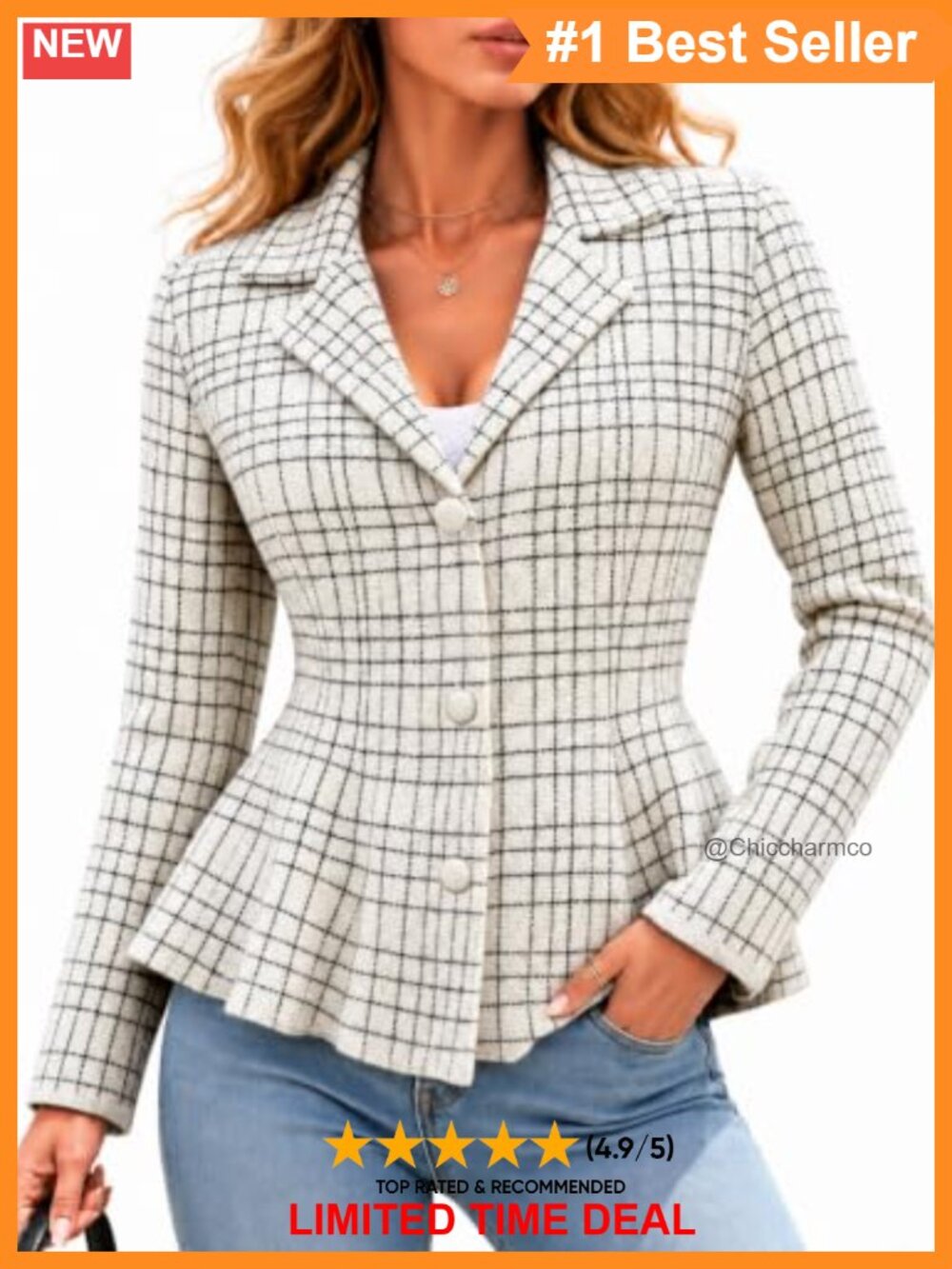Plaid Peplum Sweater Blazer Button Cardigan Jacket Notch Lapel